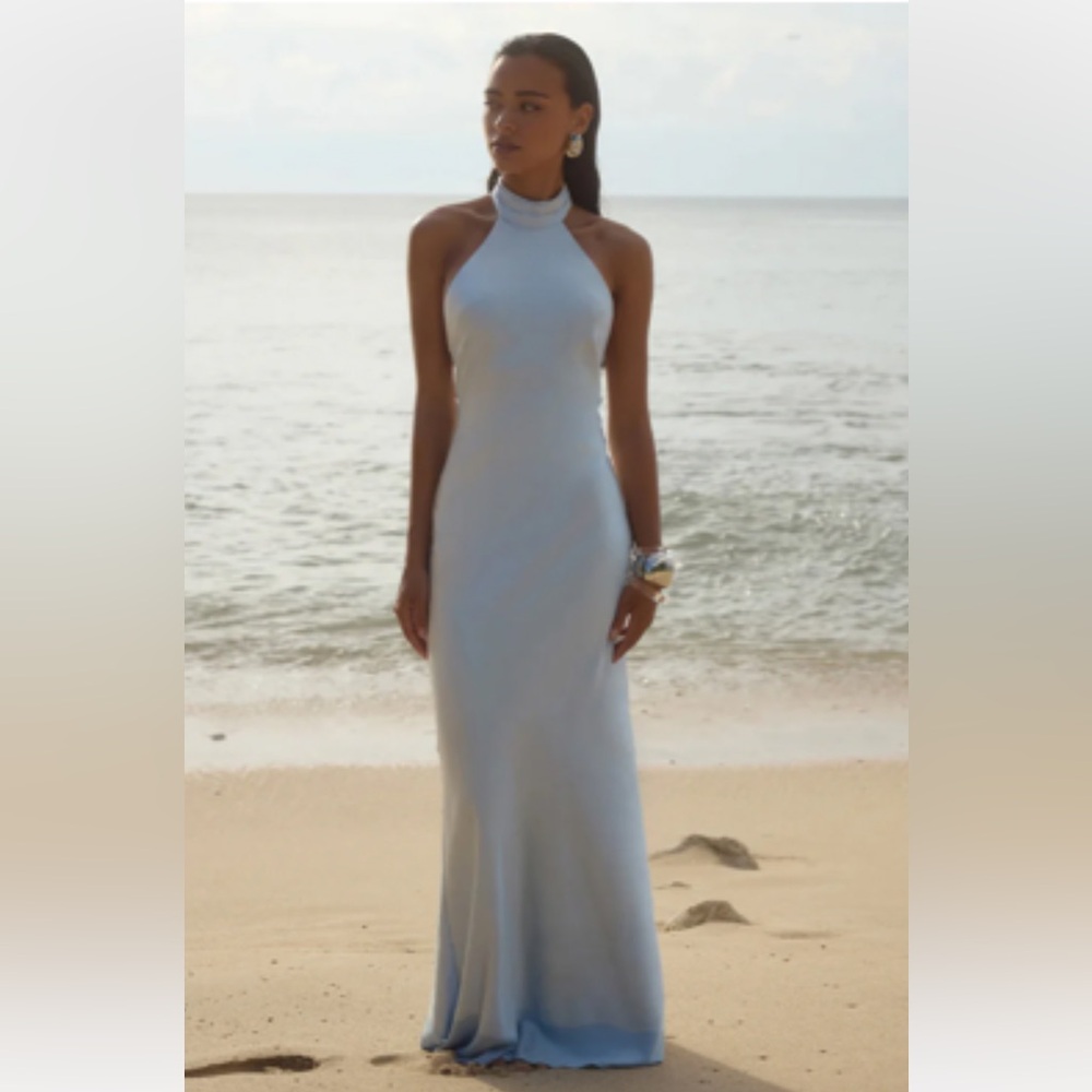 NWT Runaway the label Brigitte Dress Medium. Halter neck open back satin maxi